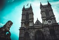 Westminster Abbey West Exterior Facade With Lion Statue