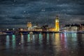 Westminster Bridge, the Parliament and the Big Ben in London on a cold winter night