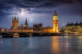 The Westminster Palace and Big Ben clocktower in London during a thunderstorm Royalty Free Stock Photo