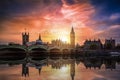 The Westminster Palace and the Big Ben clocktower by the Thames river in London