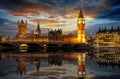 The Westminster Palace and the Big Ben clocktower in London just after sunset Royalty Free Stock Photo