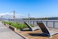 Westminster Pier Park. SkyBridge spans the Fraser River Royalty Free Stock Photo