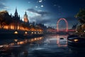 Westminster and Thames River in London at night, England.