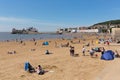 Weston-super-Mare beach Somerset in summer sunshine with tourists and holidaymakers Royalty Free Stock Photo