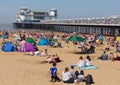 Weston-super-mare Somerset with crowded beach and pier on the beautiful May bank holiday weekend