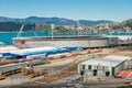 Westpac stadium and railway yards with trains, Oriental Bay in the distance, New Zealand, Wellington