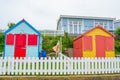 WESTWARD HO!, DEVON, ENGLAND - 21 June 2021: Beach huts in Westward Ho! in Devon, England Royalty Free Stock Photo
