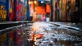 A wet alley with graffiti and trash on the ground, AI