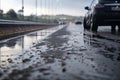 wet asphalt on the highway, with cars driving past in the background