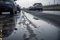 wet asphalt on the highway, with cars driving past in the background