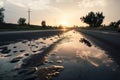 wet asphalt in the morning after dew has evaporated, with clouds and blue sky in the background