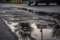 wet asphalt after a rainstorm, with puddles and reflections