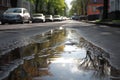 wet asphalt after a rainstorm, with puddles and reflections