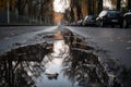 wet asphalt after a rainstorm, with puddles and reflections