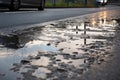 wet asphalt after rainstorm, with puddles and reflections of the sky