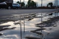 wet asphalt after rainstorm, with puddles and reflections of the sky
