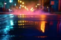 Wet asphalt, reflection of neon lights, a searchlight, smoke Abstract light in a dark empty street with smoke, smog Royalty Free Stock Photo