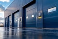 Wet asphalt reflects blue industrial building with closed loading dock doors at a logistics center or warehouse Royalty Free Stock Photo