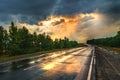 Wet asphalt road panorama in countryside on rainy evening of summer day Royalty Free Stock Photo