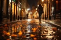 wet autumn city street with yellow leaves and people, rainy city street with streetlights in the evening, beautiful autumn