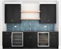 A wet bar with black cabinets and a blue tiled backsplash. Royalty Free Stock Photo