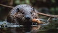 Wet beaver eating fish in tranquil pond generated by AI