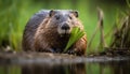 Wet beaver eating nutria on pond reflection generated by AI Royalty Free Stock Photo