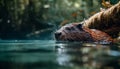 Wet beaver looking at pond, beauty in nature generated by AI Royalty Free Stock Photo