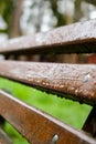 Wet bench in the park in the rain. Rainy weather. Wooden chair in the rain. Wet urban furniture. Rain drops on wooden Royalty Free Stock Photo