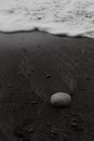 Wet black volcanic sand on seashore with white foam of wave as line and white stone, zen, texture, background, vertical. Royalty Free Stock Photo