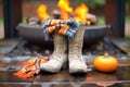 wet boots, woven scarf on flagstone by fire