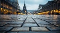 A wet brick walkway in a city