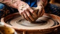 Wet clay is molded into a vase on a rotating potters wheel