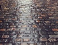 Wet cobble road surface after a rain. Old way pavement surface build to last for centuries Royalty Free Stock Photo