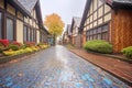 wet cobblestone path leading to litup tudor gable Royalty Free Stock Photo