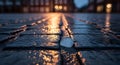 Macro detail shot of cobblestone pavement wet from rain, reflection of lamplights. Generated by AI. Royalty Free Stock Photo