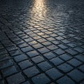 Wet cobblestone pavement with square stones arranged in a grid pattern. The surface Royalty Free Stock Photo
