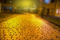 Wet cobblestone road in the night with light reflections Royalty Free Stock Photo