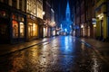 a wet cobblestone street