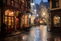 a wet cobblestone street