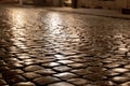 Wet cobblestones at night after rain on a street Royalty Free Stock Photo