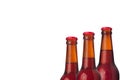 Wet cold lager beer bottles closeup, half bottle view, isolated on white background. Royalty Free Stock Photo