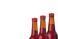 Wet cold lager beer bottles closeup, half bottle view, isolated on white background.