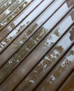 Wet cottage deck. Reflections in puddles on wooden planks after summer rain Royalty Free Stock Photo