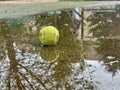 Wet dirty tennis ball in puddle in rainy weather. Cancellation of matches. Water reflection Royalty Free Stock Photo