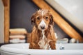 Wet dog in bathtub at home bathroom Royalty Free Stock Photo