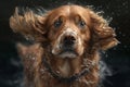 Wet dog head shaking off water while shaking his head. Dog shaking his head and splashing water all over. Ai generated Royalty Free Stock Photo