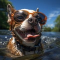 wet dog with orange glasses