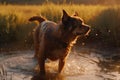 A wet dog shakes water off his body, Generative AI