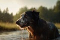 A wet dog shakes water off his body, Generative AI